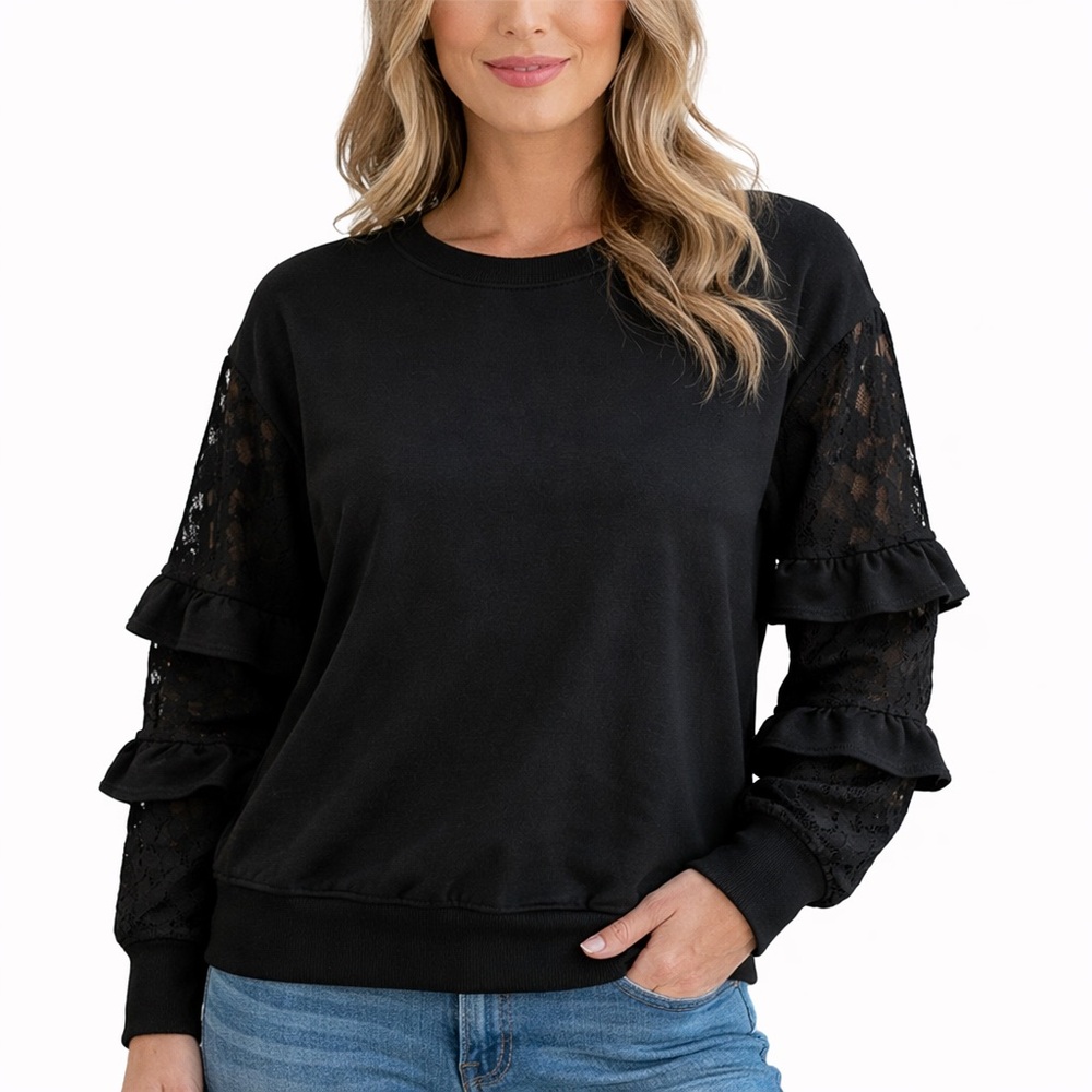 ONE CLOTHING Black Lace Ruffled Long Sleeve Sweatshirt Cozy Chic Small